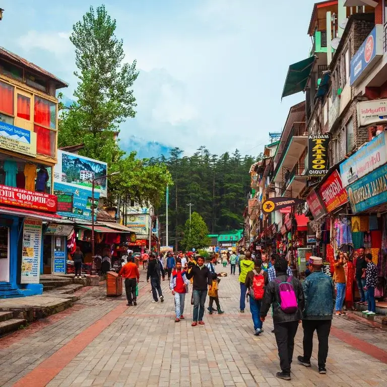 Bustling street with colorful shops.