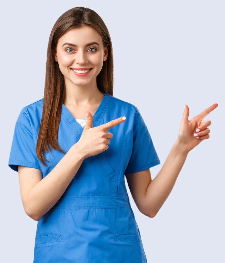 Person in blue medical scrubs pointing