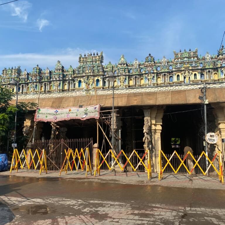 Temple entrance with construction barriers