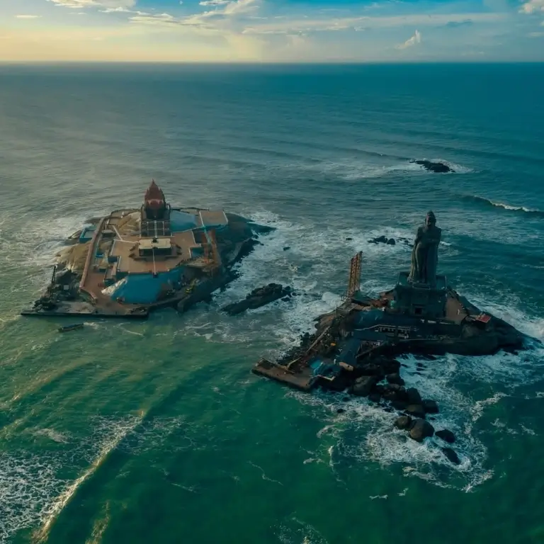 Coastal view with temples and waves