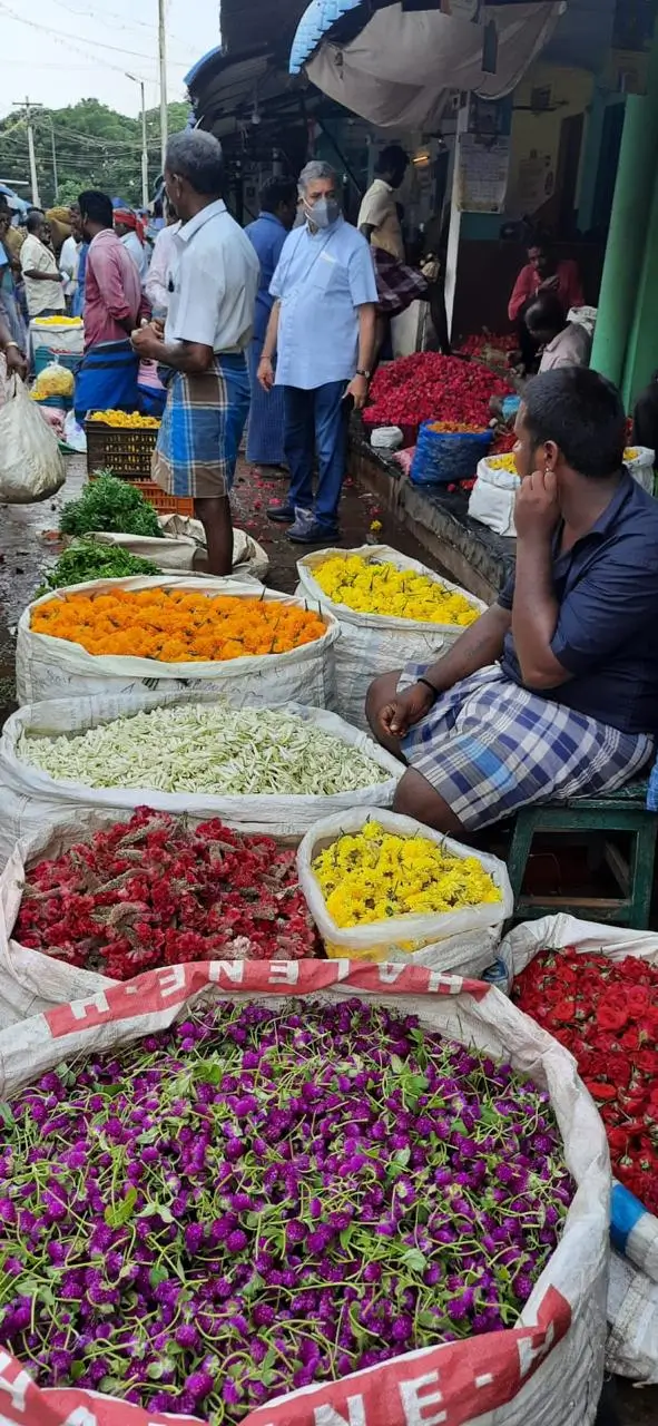 Vibrant Madurai street market with jasmine flowers silk and spices